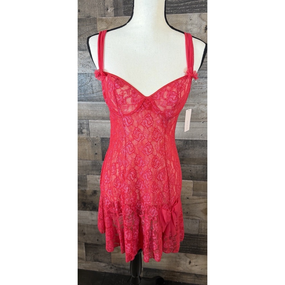 Vtg Red Bow Ruffle Bra Top Babydoll Dress‎ Lace Stretch Lingerie Small New
